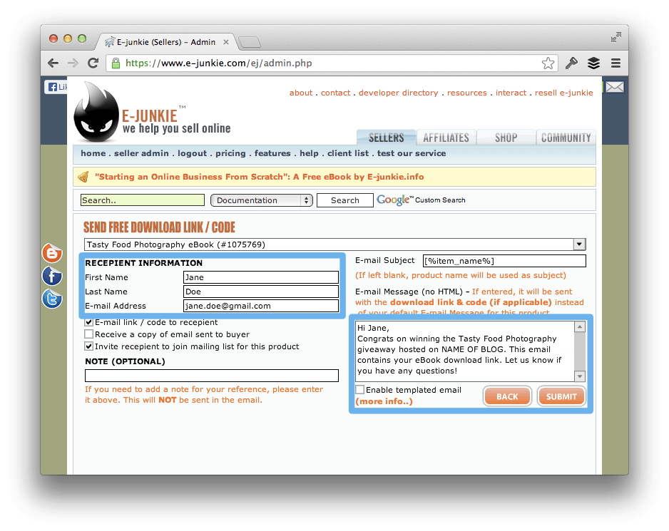 Send Free Download Link in E-Junkie.