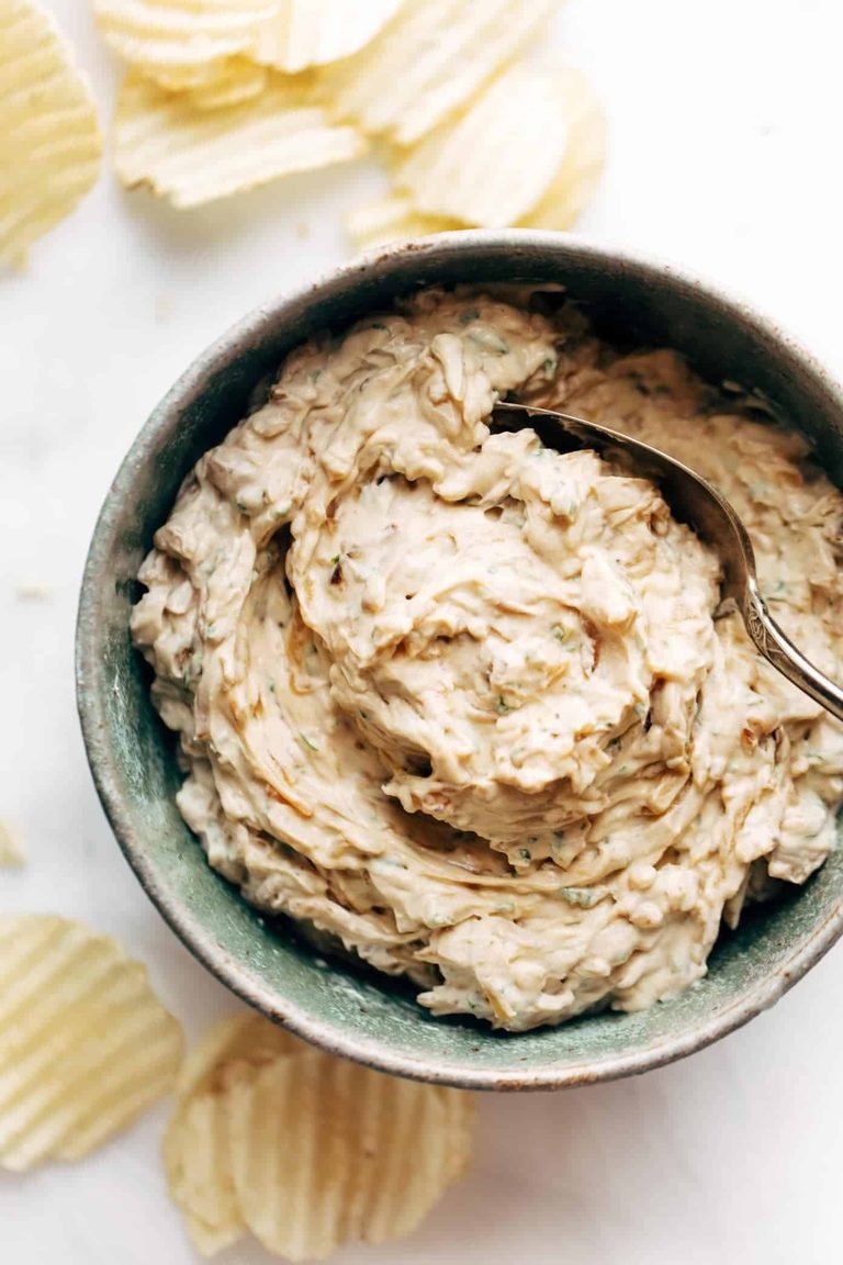 Caramelized onion dip in a bowl.