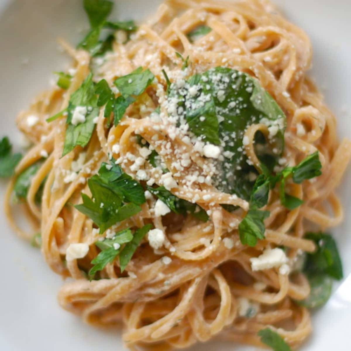 Linguine with sun dried tomato dill seasoning and cheese topping.