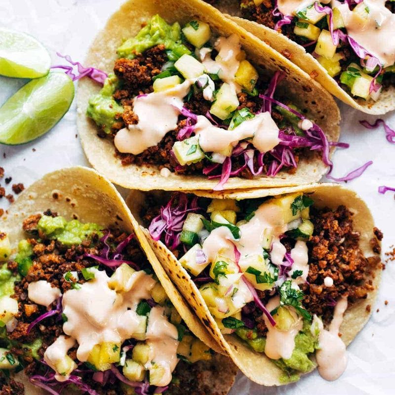 Walnut Chorizo Tacos in a row.