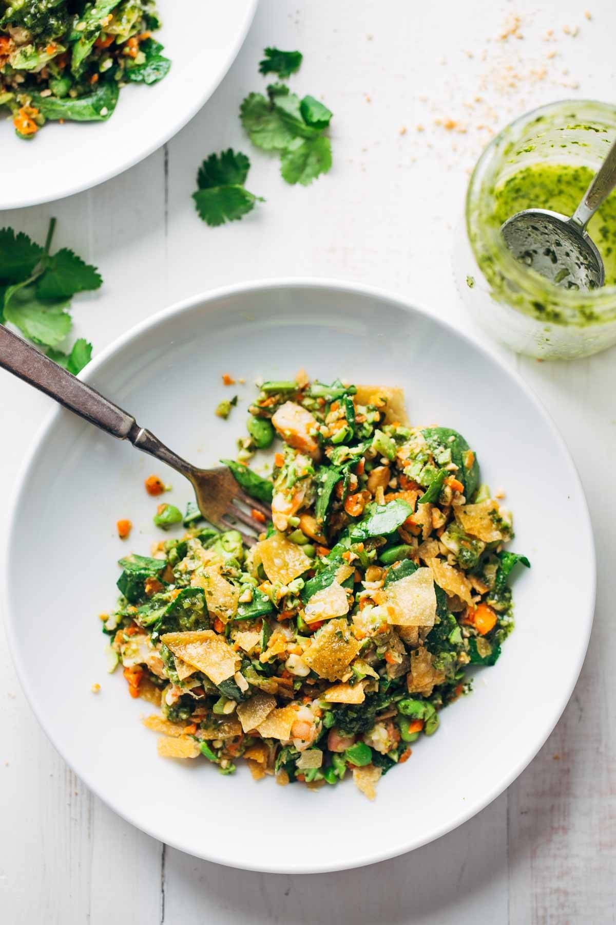 Chopped Thai Shrimp Salad on a plate with a fork.